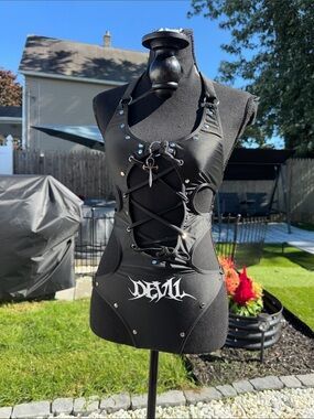 Black 'Devil' Studded Lace-Up  One Piece Swimsuit